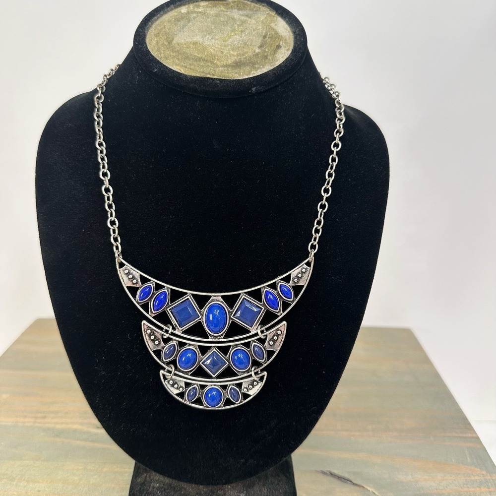 Retro Blue Silver Statement Necklace Diamond Oval Ellipse Crescent Geometric